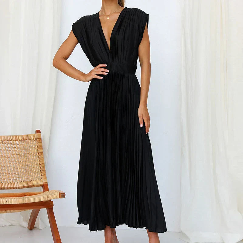 Adela Maxi Dress with V-Neck and Pleats