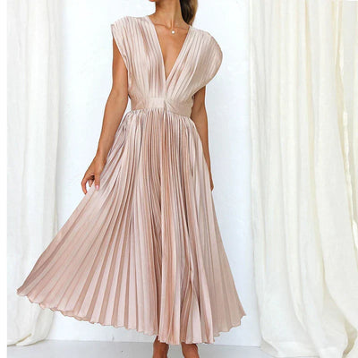 Adela Maxi Dress with V-Neck and Pleats