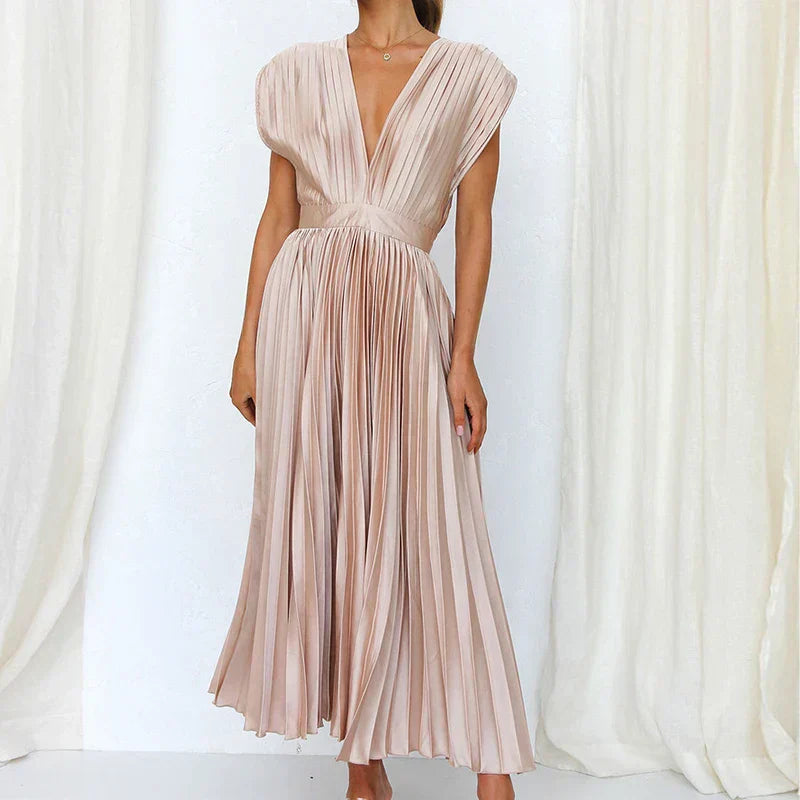 Adela Maxi Dress with V-Neck and Pleats