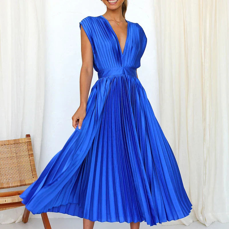 Adela Maxi Dress with V-Neck and Pleats