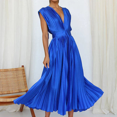 Adela Maxi Dress with V-Neck and Pleats