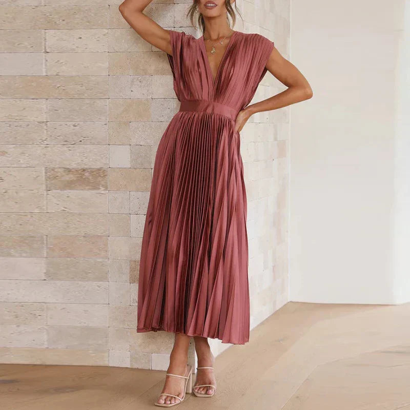 Adela Maxi Dress with V-Neck and Pleats