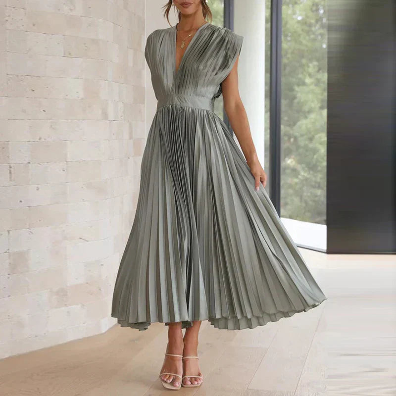 Adela Maxi Dress with V-Neck and Pleats