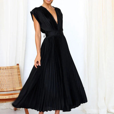 Adela Maxi Dress with V-Neck and Pleats